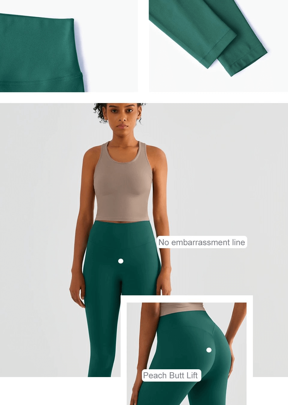 Woman wearing seamless breathable green leggings with no embarrassment line and peach butt lift features, perfect for yoga.